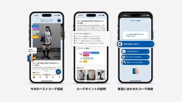 今日のベストコーデの提案(画像左)、AIによるコーデポイントの解説(中)、要望に合わせたコーデ検索(右)