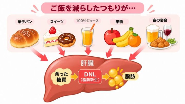 大量に糖質をとるとエネルギーが余り、肝臓で脂肪をつくる材料になる ※画像：筆者作成