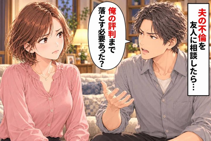 「俺の評判まで落とす必要あった？」夫の不倫を友人に相談したら、逆に“これ以上誰にも言うな”と口止めされて…