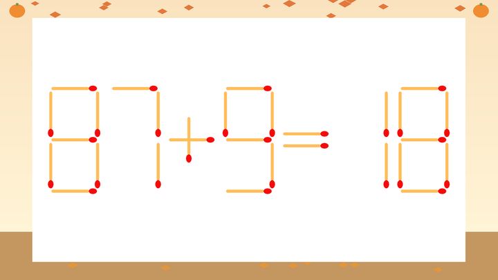 【マッチ棒クイズ】1本だけ動かして正しい式に：87+9=18？の問題画像