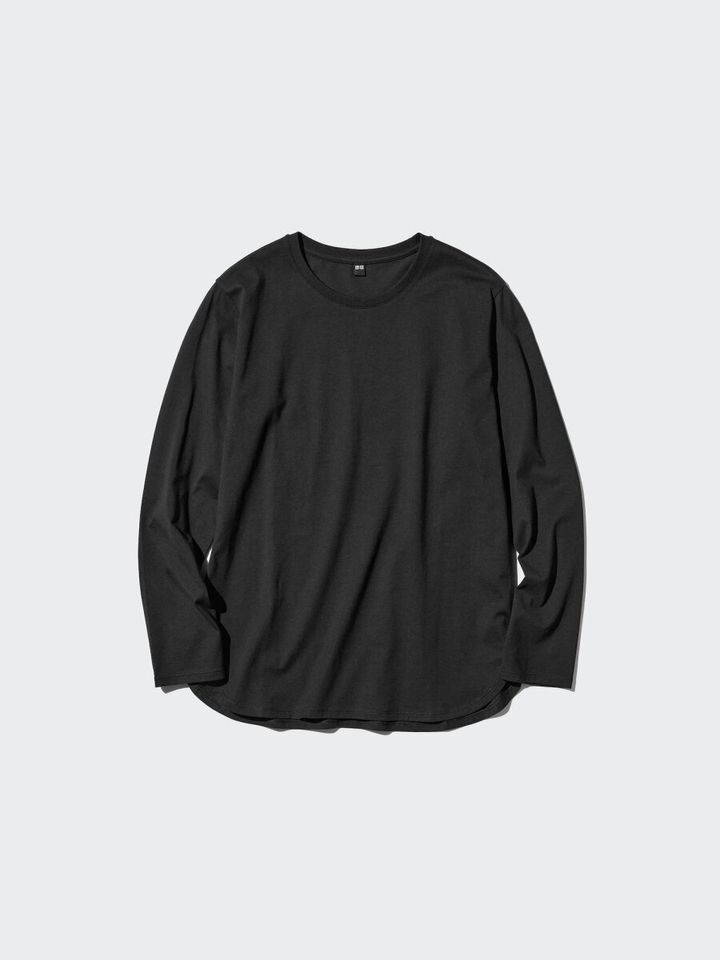 黒色のソフトコットンラウンドヘムTシャツ