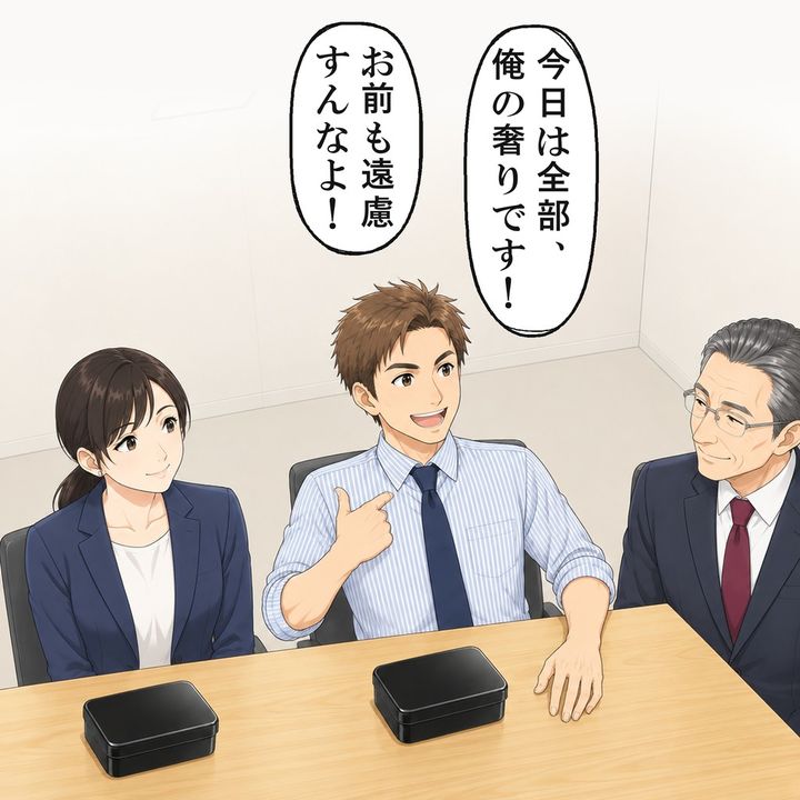 打ち上げのお昼、先輩は部長の前で全部自分の奢りだと言いました