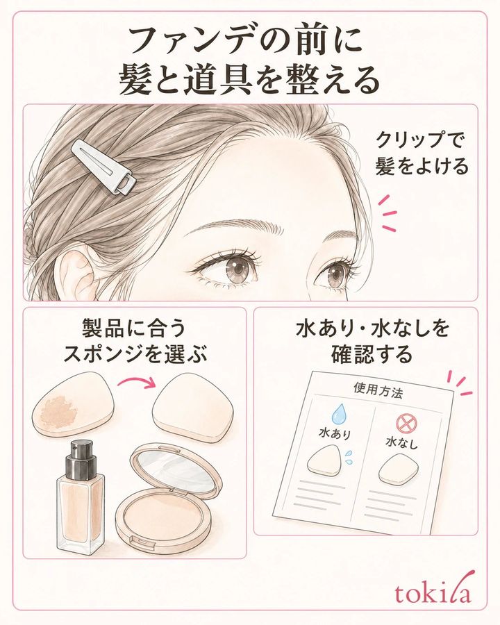 髪と道具を先に整えるを説明する額と生え際、道具の図