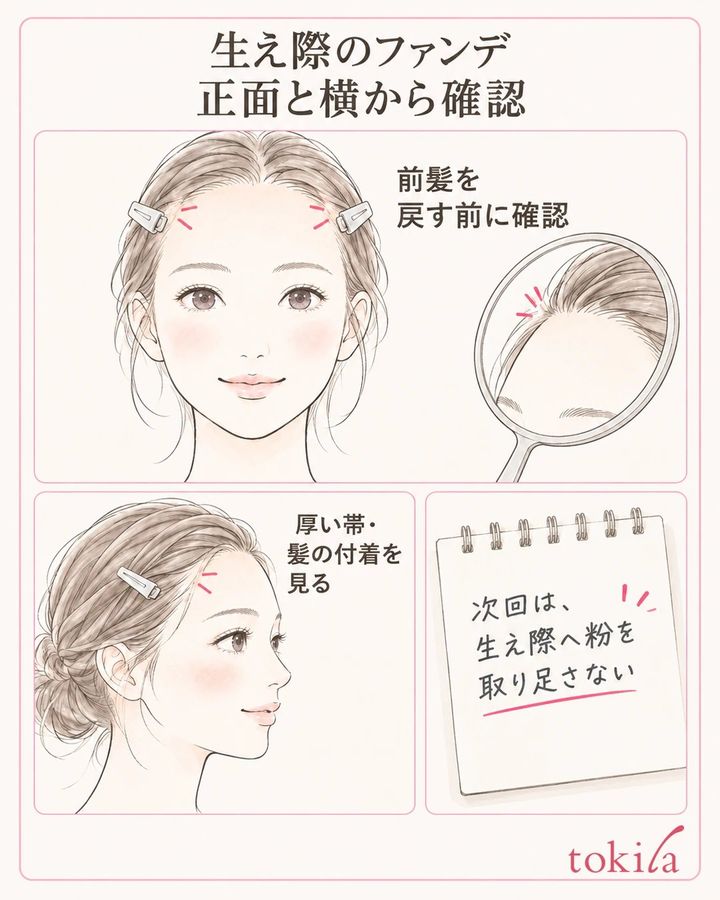 正面と横から、生え際を見るを説明する額と生え際、道具の図