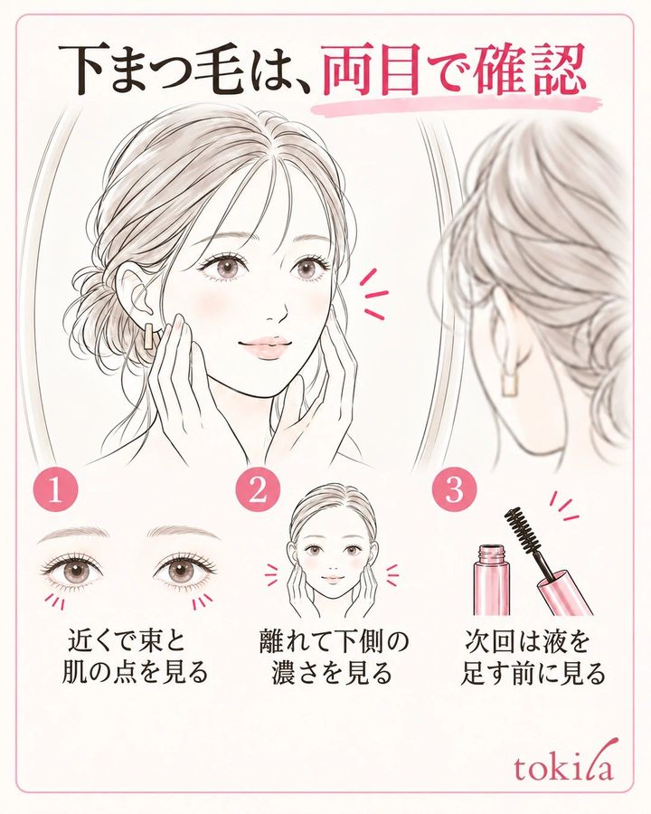 両目と顔全体で下まつ毛の濃さと皮膚の点を確認する図