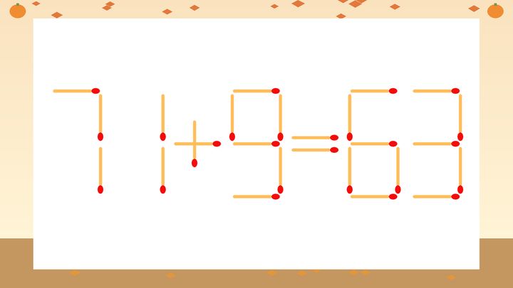 【マッチ棒クイズ】1本だけ動かして正しい式に：71+9=63？の問題画像