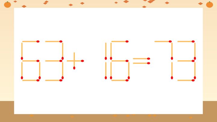 【マッチ棒クイズ】1本だけ動かして正しい式に：63+16=73？の問題画像