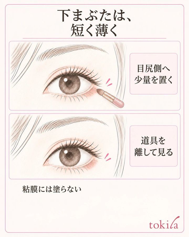 小さなブラシで下まぶたの目尻側へ薄く置き道具を離して確認する図