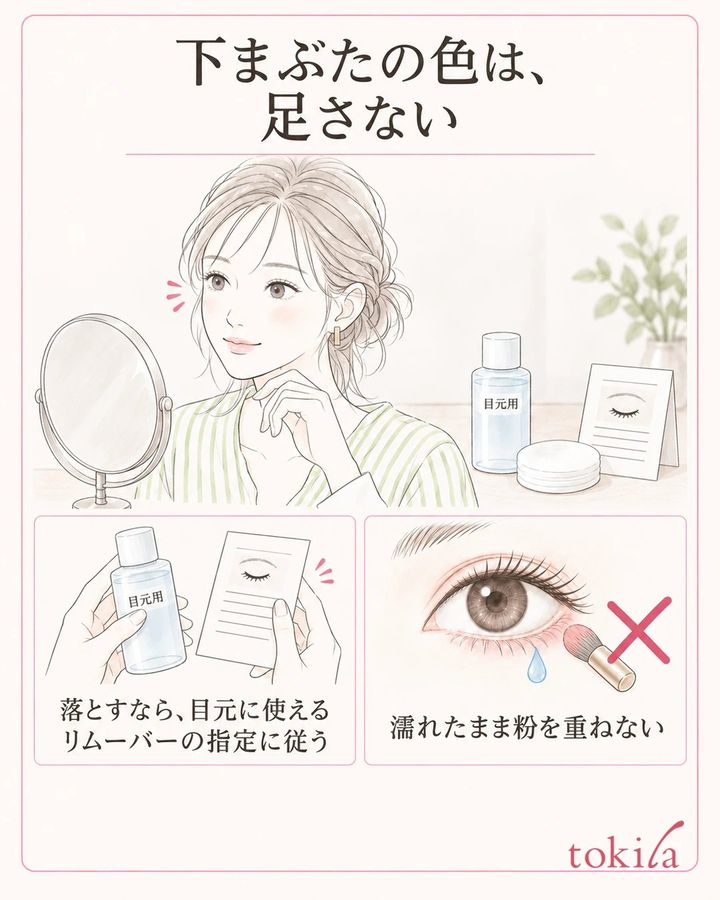 目元用リムーバーの指定を確認し濡れた表面へ粉を重ねない図
