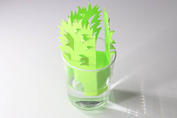 組み立てた緑色のペーパー加湿器を水が入った透明なグラスに差し込んでいる