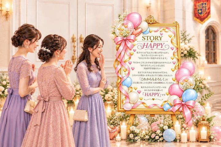 ONE FAMILYのピンクのウェルカムテーマボードとゲストの演出イメージ