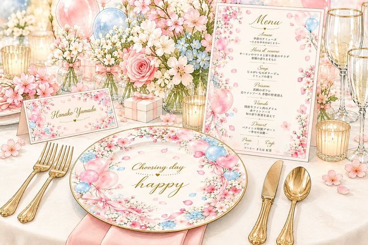 ONE FAMILYの席札、メニューカード、装飾用プレートを並べたテーブルの演出イメージ