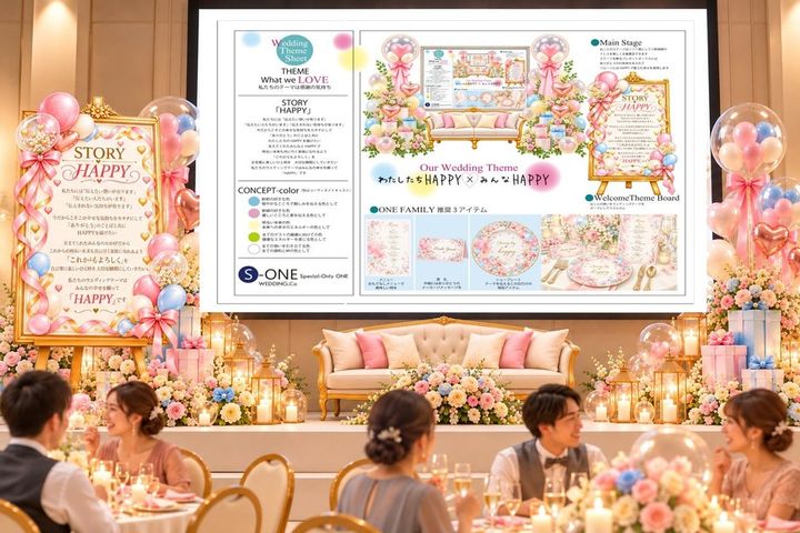 ONE FAMILYのピンクを基調にしたボードとスクリーン、披露宴会場の演出イメージ