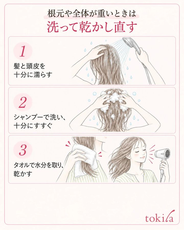 全体が重い場合は、洗う時間と乾かす時間を確保して整え直します。