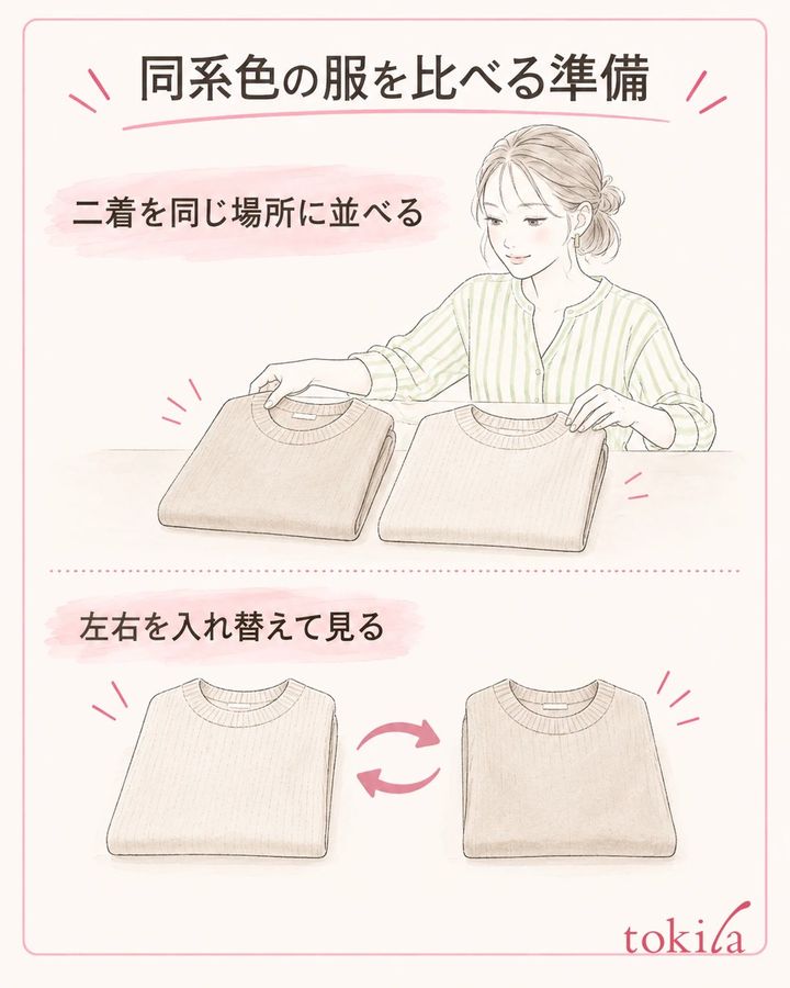 同じ場所で二着を並べ、左右を入れ替えて光の偏りを確かめます。