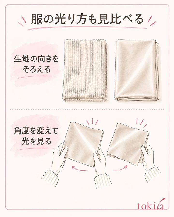 二着の向きをそろえ、見る角度で光る場所が動くか確かめます。