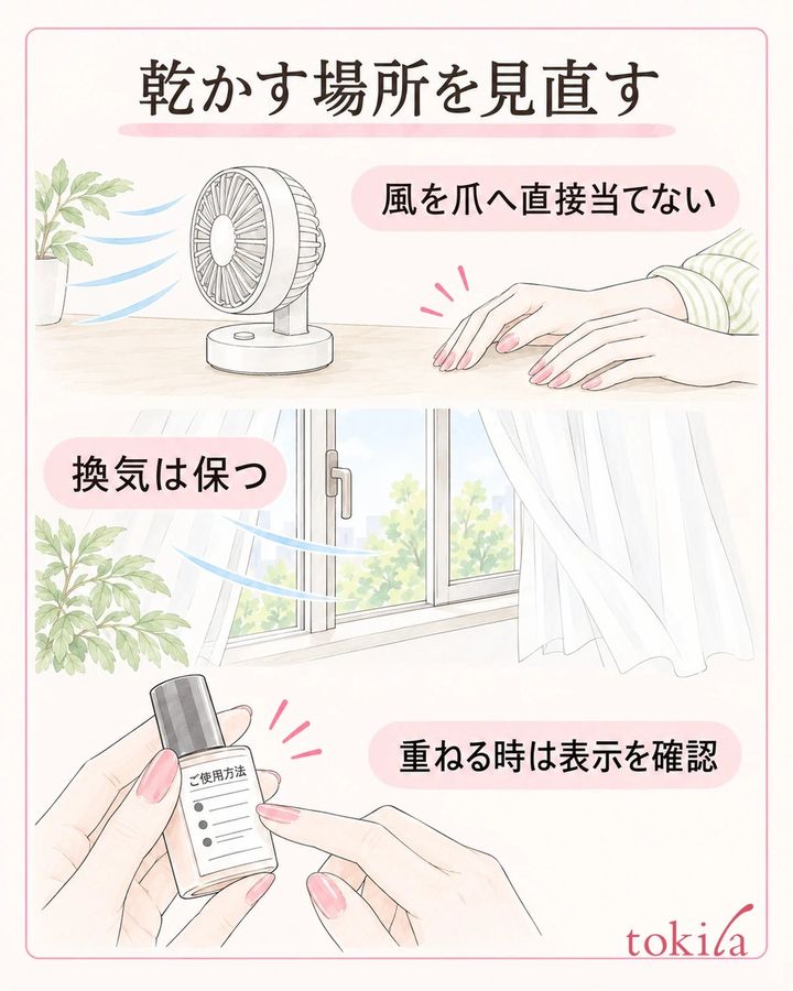 換気を保ち、扇風機の風が爪へ直接当たらない場所で乾かします。