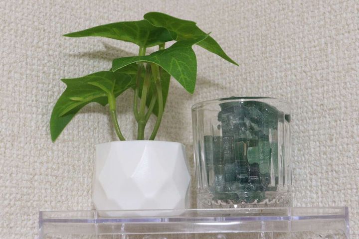 白い壁の棚に置かれた、白い鉢の観葉植物と、グラスに入ったグリーンフローライトのディフューザー