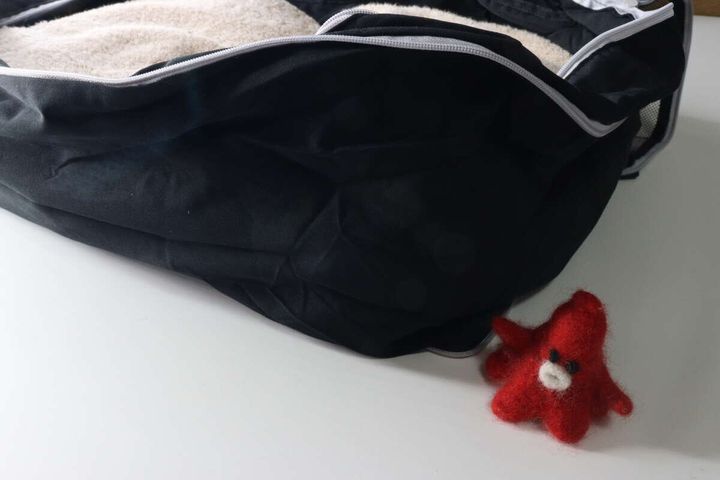 圧縮前の衣類圧縮バッグと、隣に置かれた赤いヒトデのマスコット。バッグの高さがマスコットより高い。