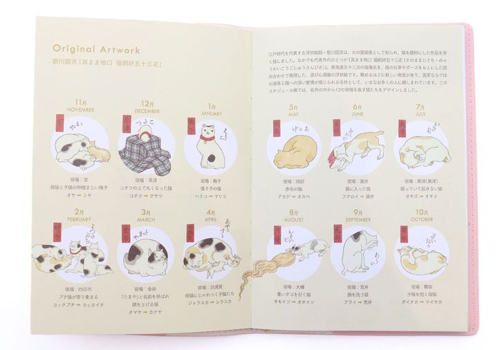 スケジュール帳の最初のページ。歌川国芳の猫のイラストと、各月の猫と宿場名の解説が書かれている。