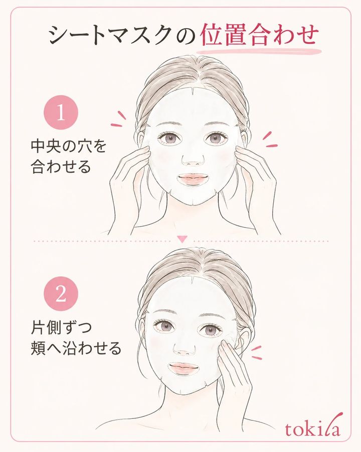 中央の穴を合わせ、片側ずつ頬へ軽く沿わせる。