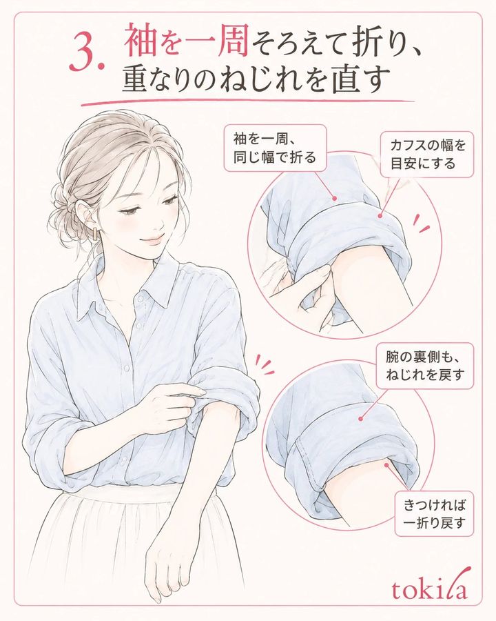 カフスの幅を目安に一周そろえて折り、裏側のねじれを戻します。