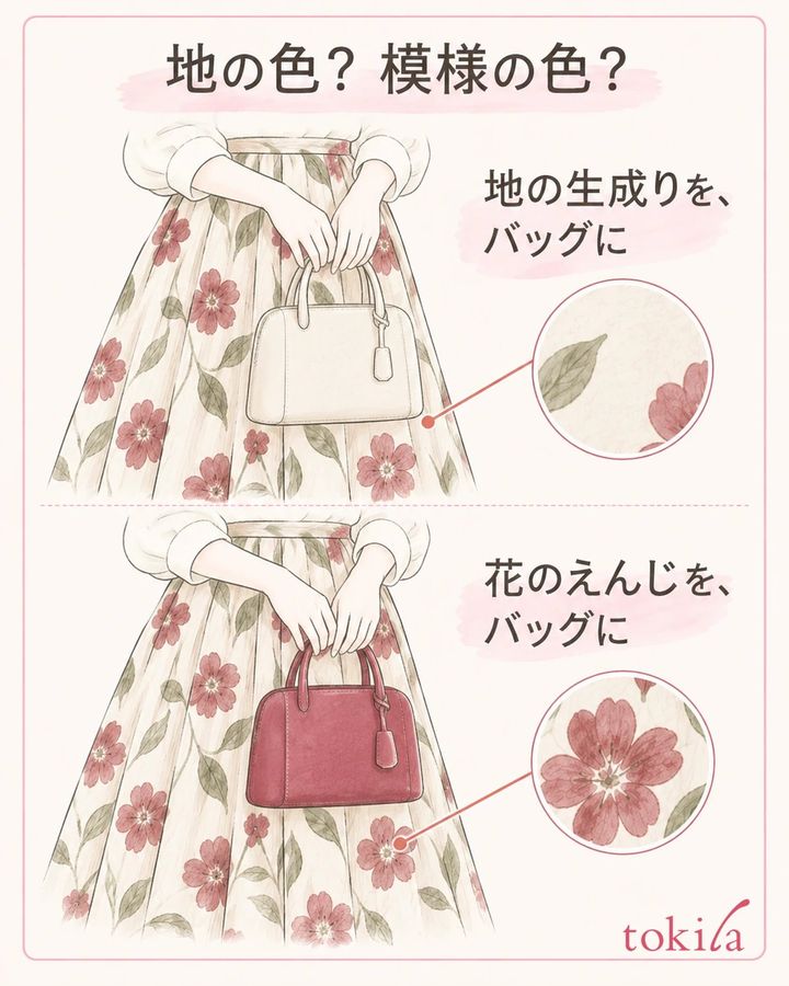 地の生成りと花のえんじを、それぞれバッグへ取り入れる選択肢です。