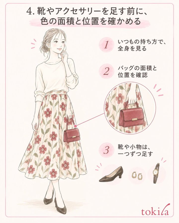 実際の持ち方でバッグの面積を確かめ、靴や小物は一つずつ加えます。