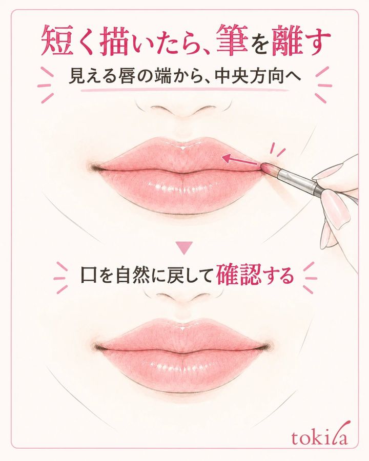 見える唇の端から短く描いたら、道具を離して口を戻します。