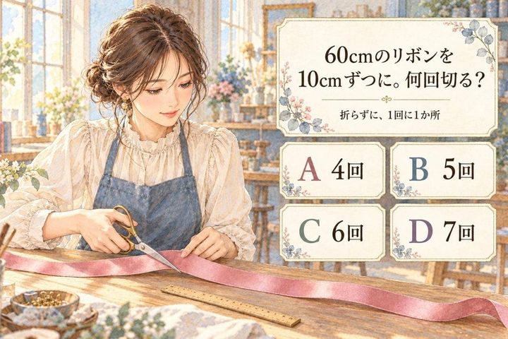 【算数テスト】60cmのリボンを10cmずつに。何回切ればいい？