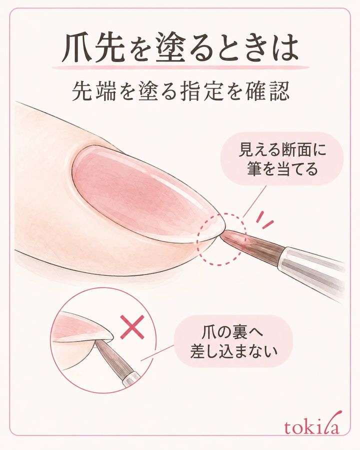 先端まで塗る指定がある場合も、筆を爪の裏側へ差し込みません。