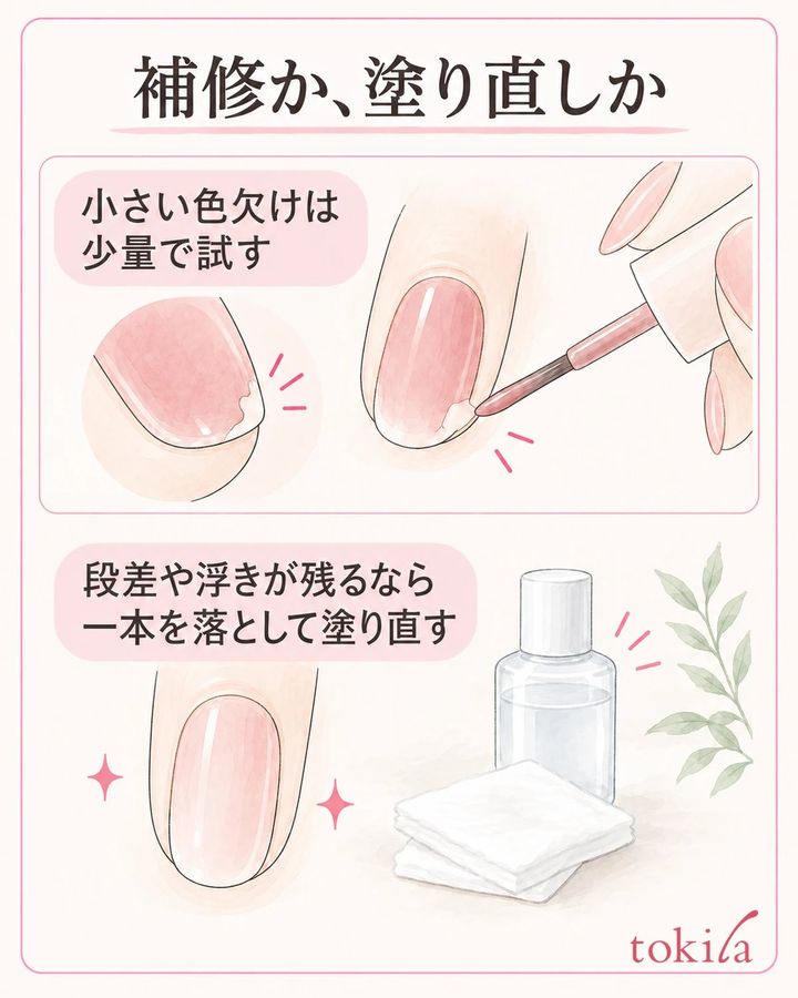 小さい色欠けは少量で試し、段差や浮きが残る場合は一本を塗り直します。