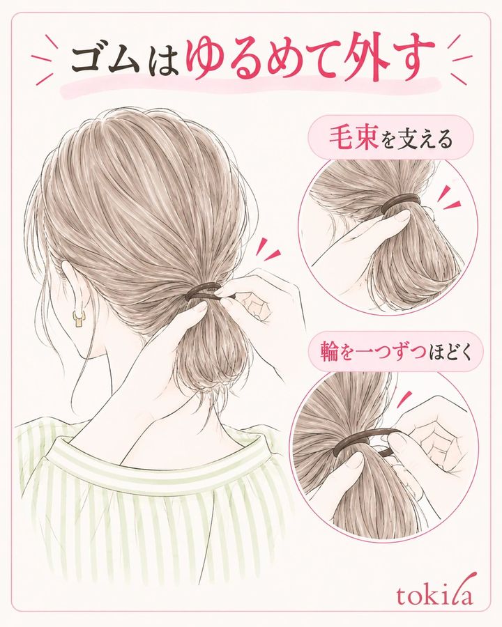 毛束を支え、ゴムの輪を一つずつゆるめて外す。