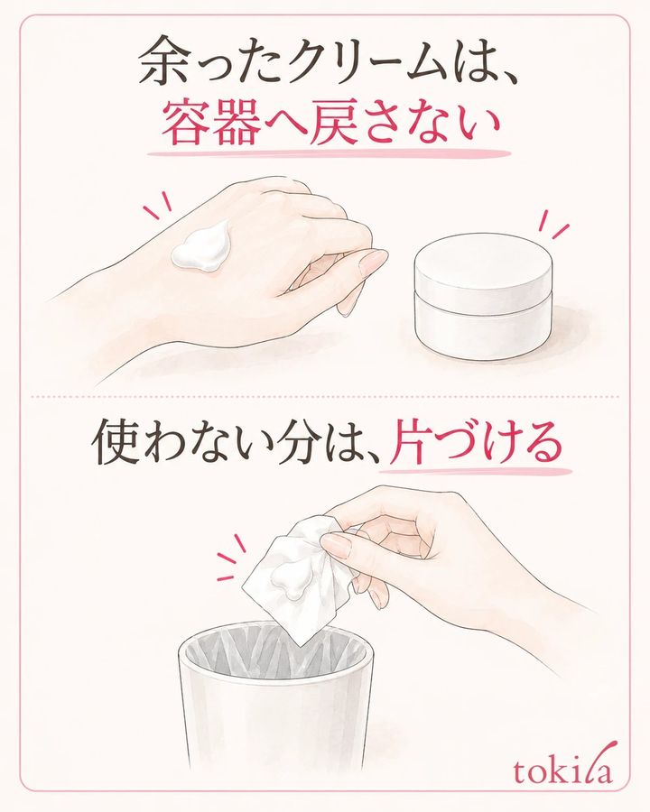 一度取り出した余りは元の容器へ戻さず、使わない分を片づけます。