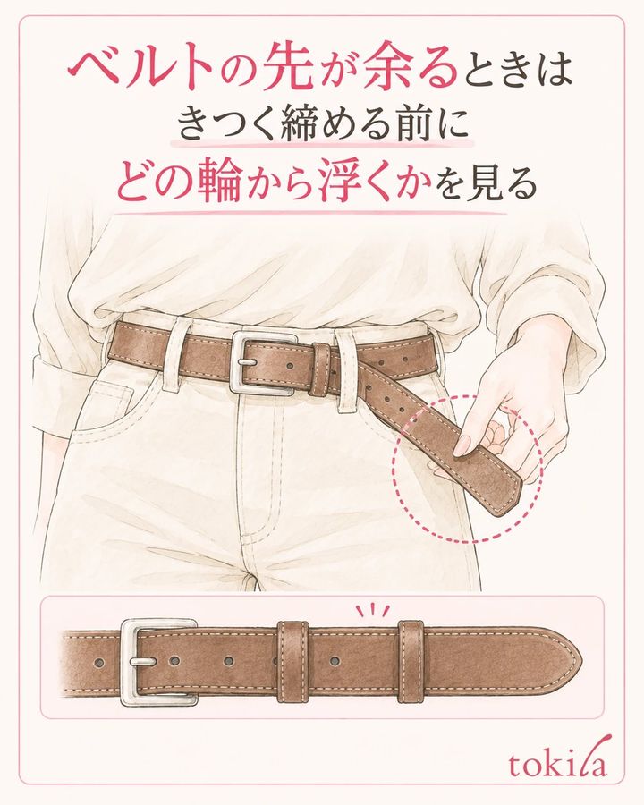 ベルトを楽に留めた位置を保ち、先端がどの輪から浮いているかを見ます。