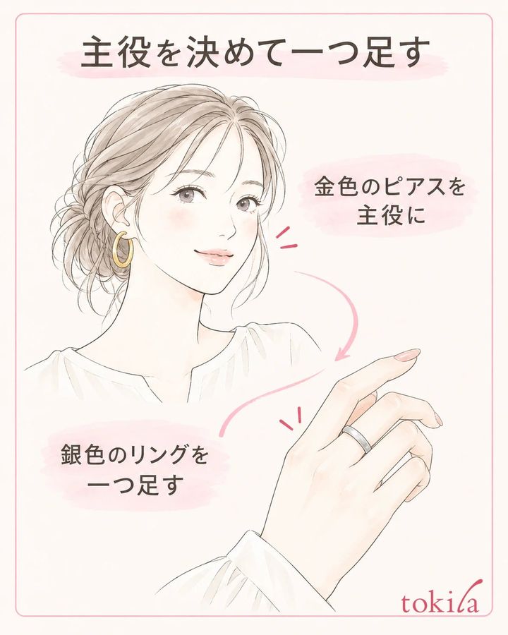 主役の金色ピアスを決め、銀色のリングを一つだけ加えます。