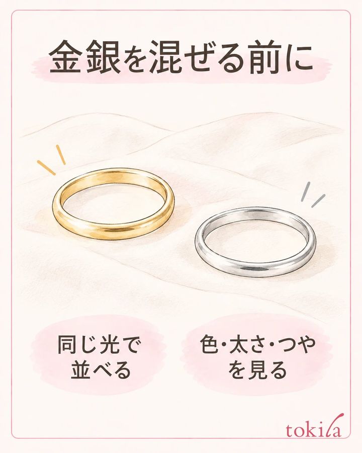同じ服と光の下で、金銀の色・太さ・つやを分けて見ます。