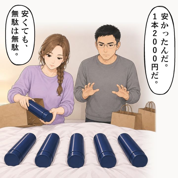 紙袋から、同じ紺色の新品の水筒が6本出てきました