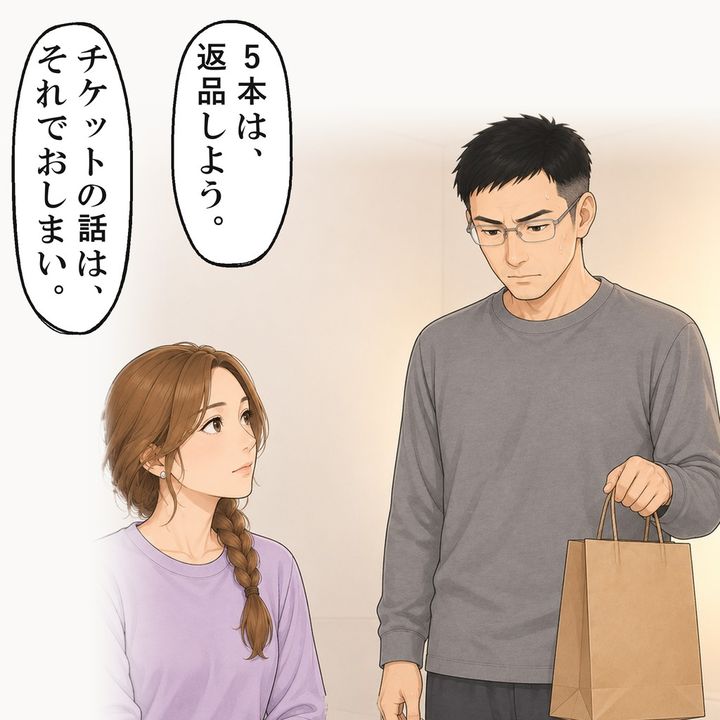 5本は返品しようと言うと、夫は紙袋を手に立ち尽くしました