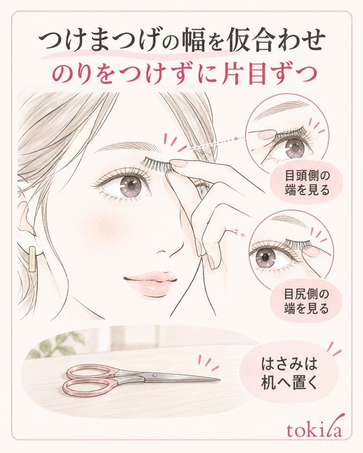 のりをつけずに片目ずつ確認し、はさみは机へ置く。