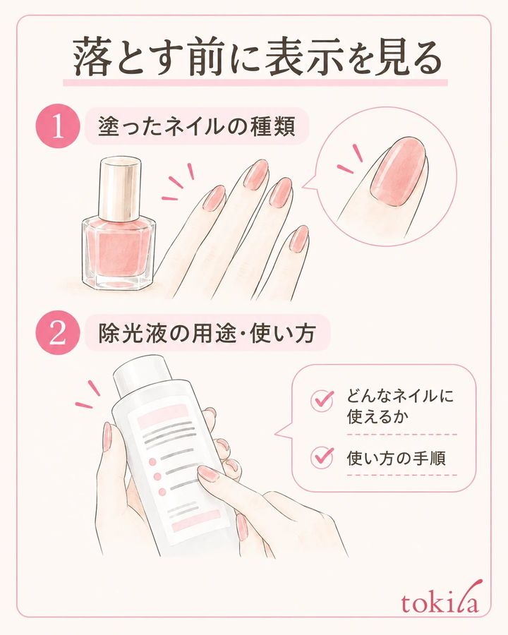 塗ったネイルの種類と除光液の用途・使用方法を、容器の表示で確かめます。