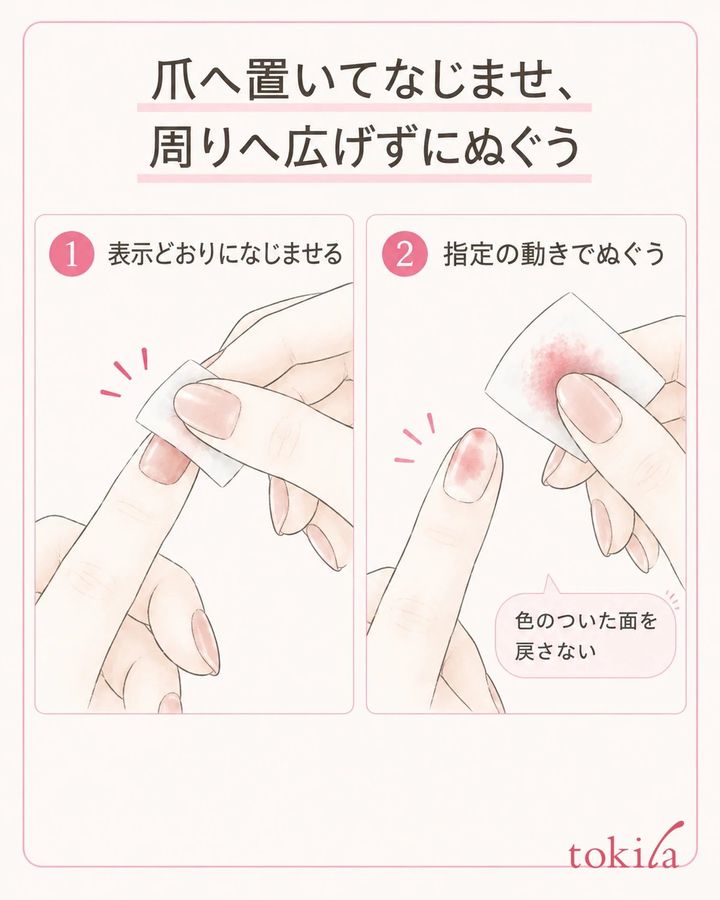 コットンを爪へ合わせて表示どおりになじませ、指定された動きでやさしくぬぐいます。