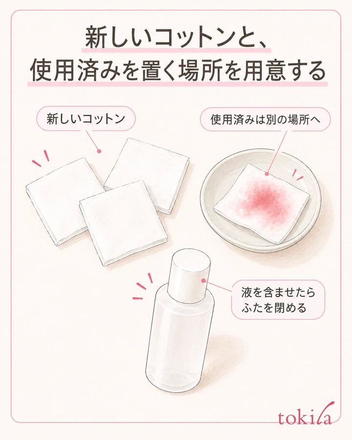 新しいコットンと使用済みの置き場所を分け、液を含ませたら容器のふたを閉めます。