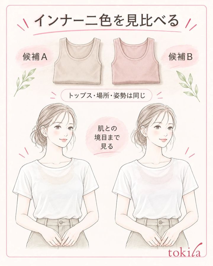 同じ白いトップスを使い、形の近い二色を同じ場所で比べます。