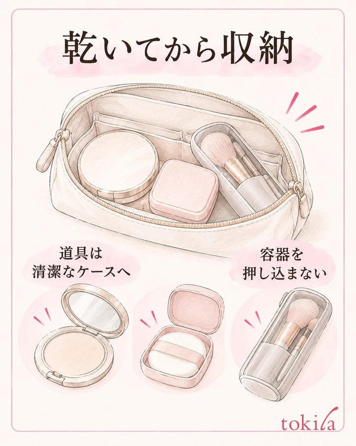 乾いた清潔な道具をケースへ入れ、容器を押し込まず収納します。