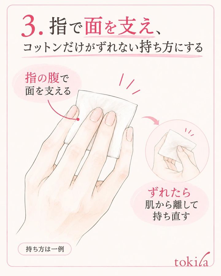 指の腹で面を支え、ずれたら肌から離して持ち直します。