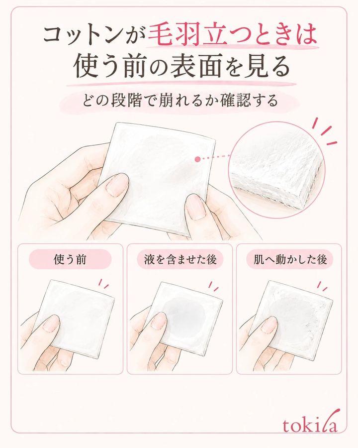 新しいコットンの表面と、毛羽立ちが始まる段階を分けて確認します。