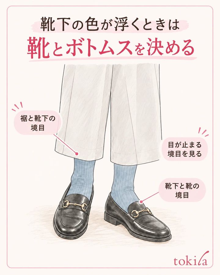 靴とボトムスを固定し、靴下が目立つ境目を確認します。