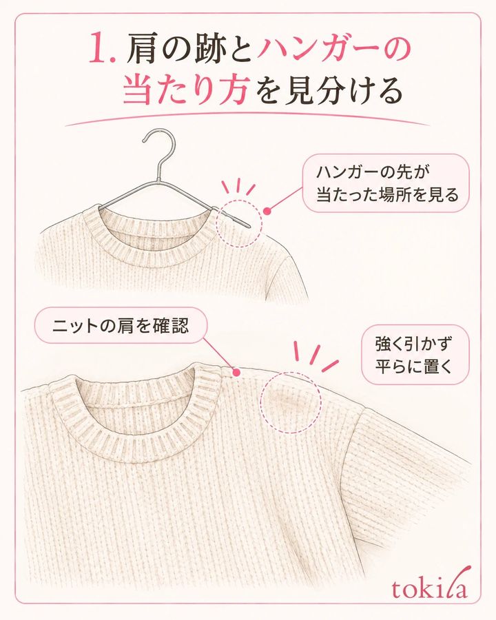 平らに置いた肩と、ハンガーの先が当たっていた場所を見比べます。