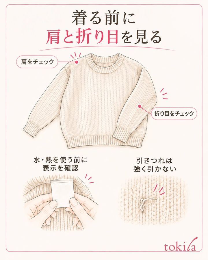 肩と折り目を見て、水や熱を使う前に取扱い表示を確認します。
